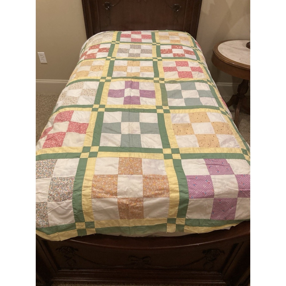 Vintage Hand Sewn Nine Patch Quilt Top Sashing And Cornerstones 70x81 Unfinished